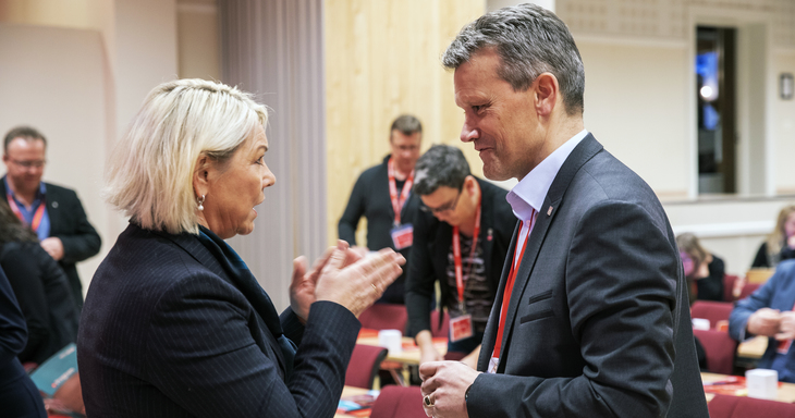 LO Stat-leder Egil André Aas og statsråd Monica Mæland er uenige, men innstilte på å samarbeide.